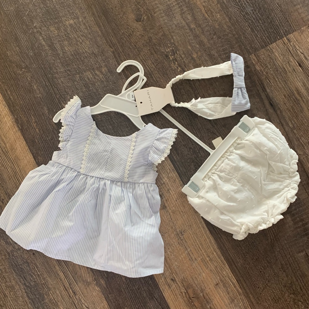 Seersucker blue white dress with bloomers + bow